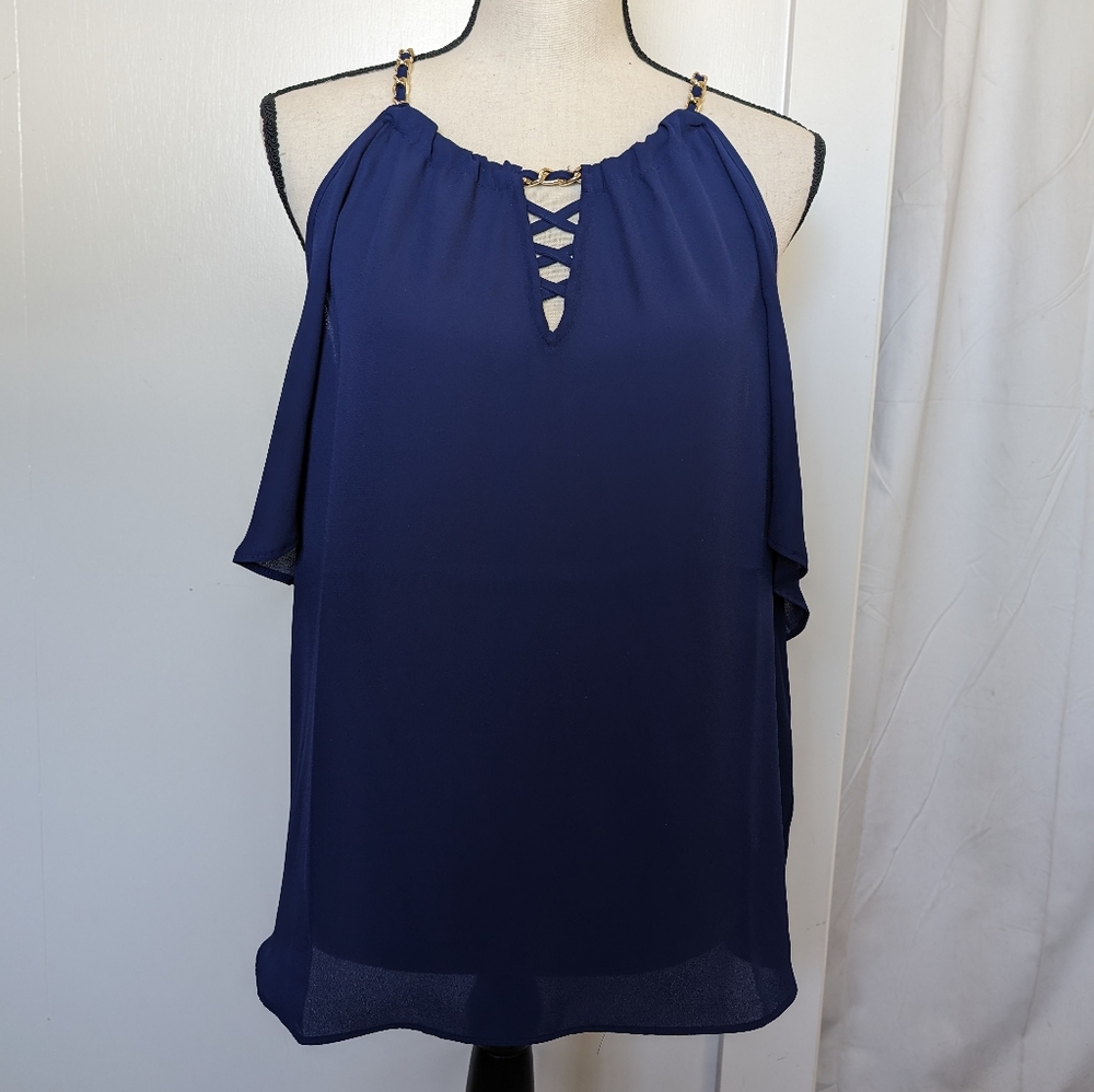 INC blue cold shoulder blouse